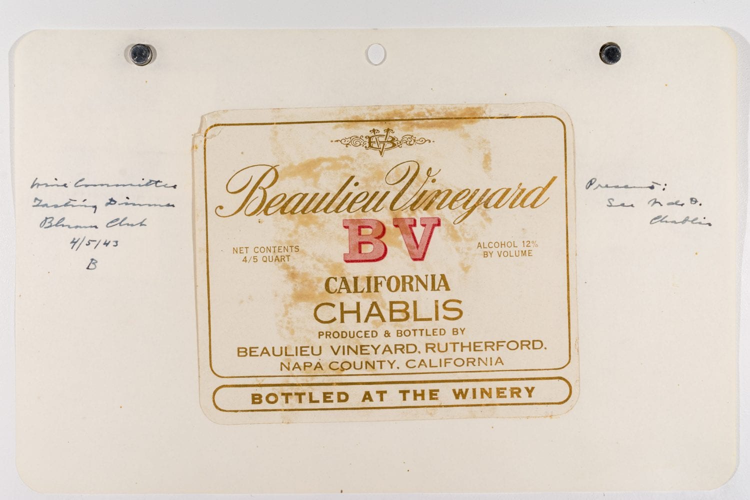 Wine label for Beaulieu Chablis