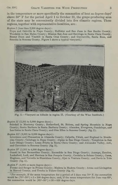 Page 3 from Grape Varieties for Wine Production, Maynard A. Amerine and A. J. Winkler, 1943, with text and a photo of a vineyard on a hillside