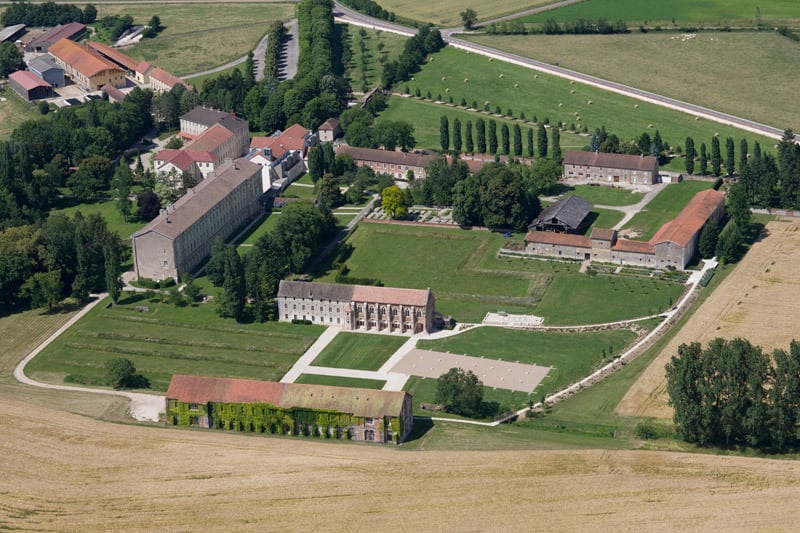 aerial view of Citreaux Abbey, its vineyards and surrounding farmland