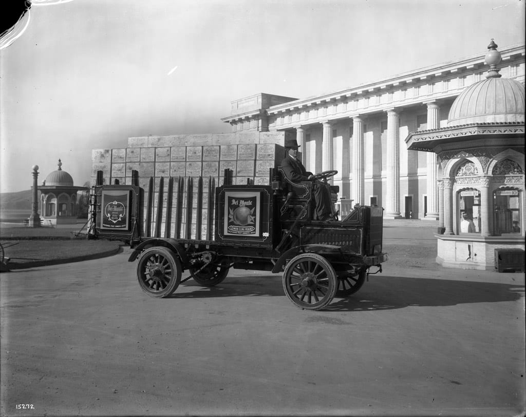 California Fruit Canners Association’s truck filled with Del Monte canned fruit at Exposition on Transportation Day, 1915.