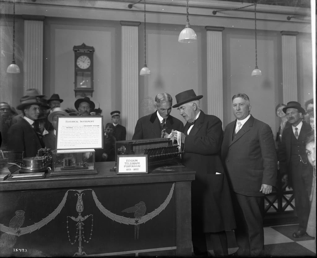 Thomas Edison and Henry Ford at Western Union exhibit. Liberal Arts Palace, Panama Pacific International Exposition, 1915. 