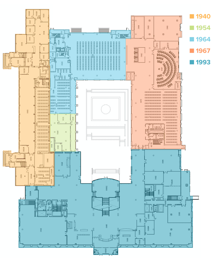 Shields Library floorplan showing additions over time