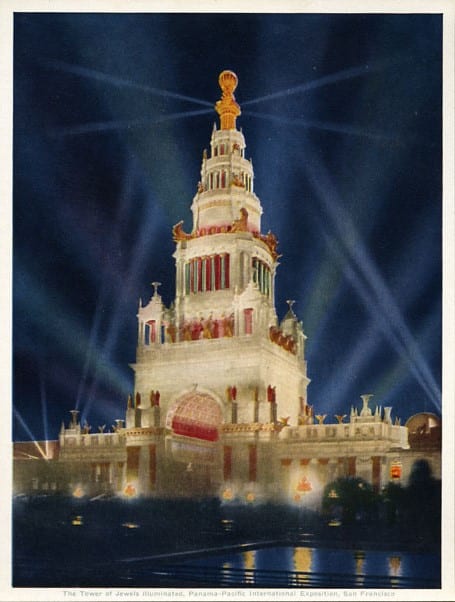 Tower of Jewels Illuminated at the PPIE, 1915.