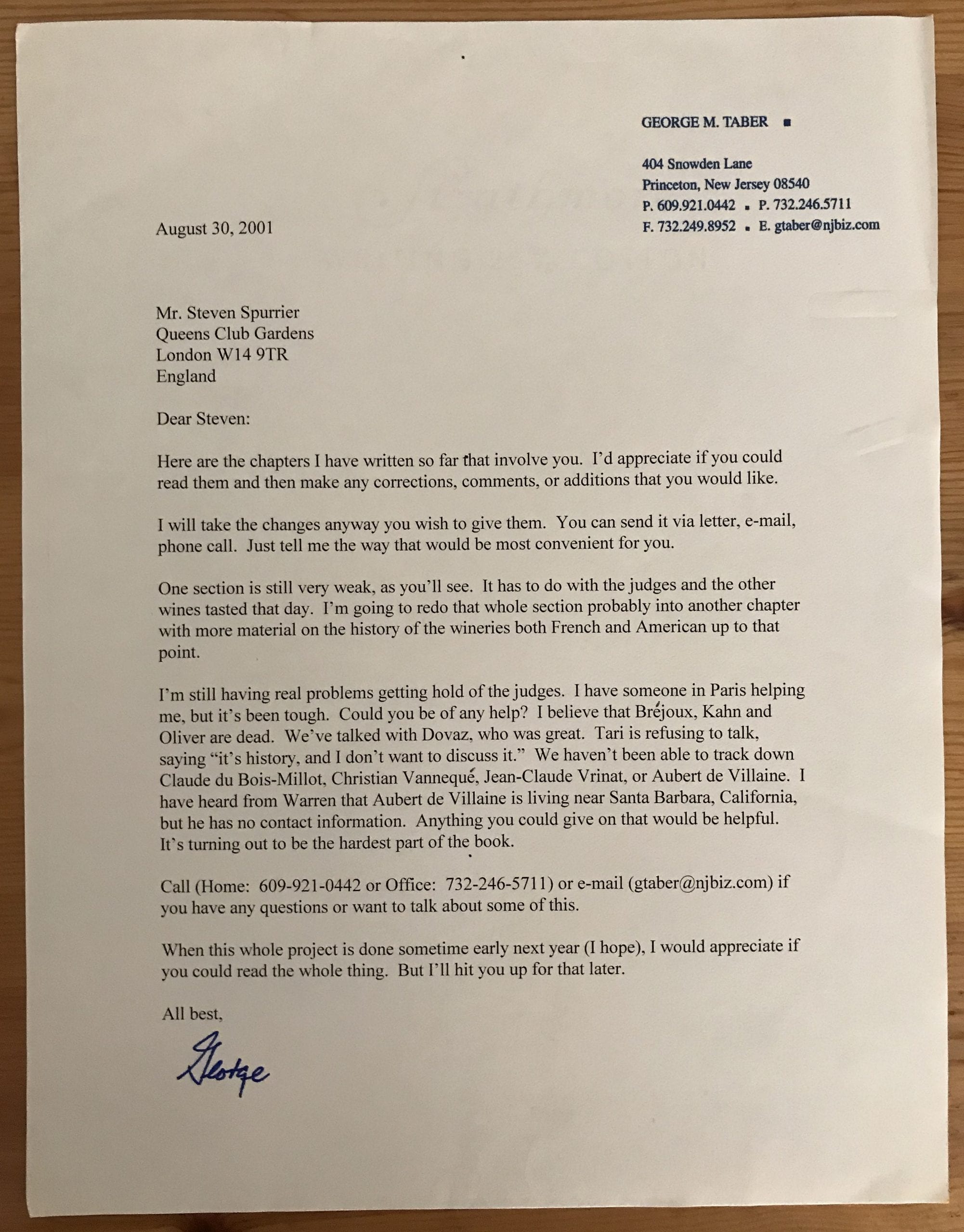 A letter to Steven Spurrier from George Taber, referring to the book he was writing on the Paris tasting. It was published in 2006 with the title Judgment of Paris: California vs. France and the Historic 1976 Paris Tasting That Revolutionized Wine