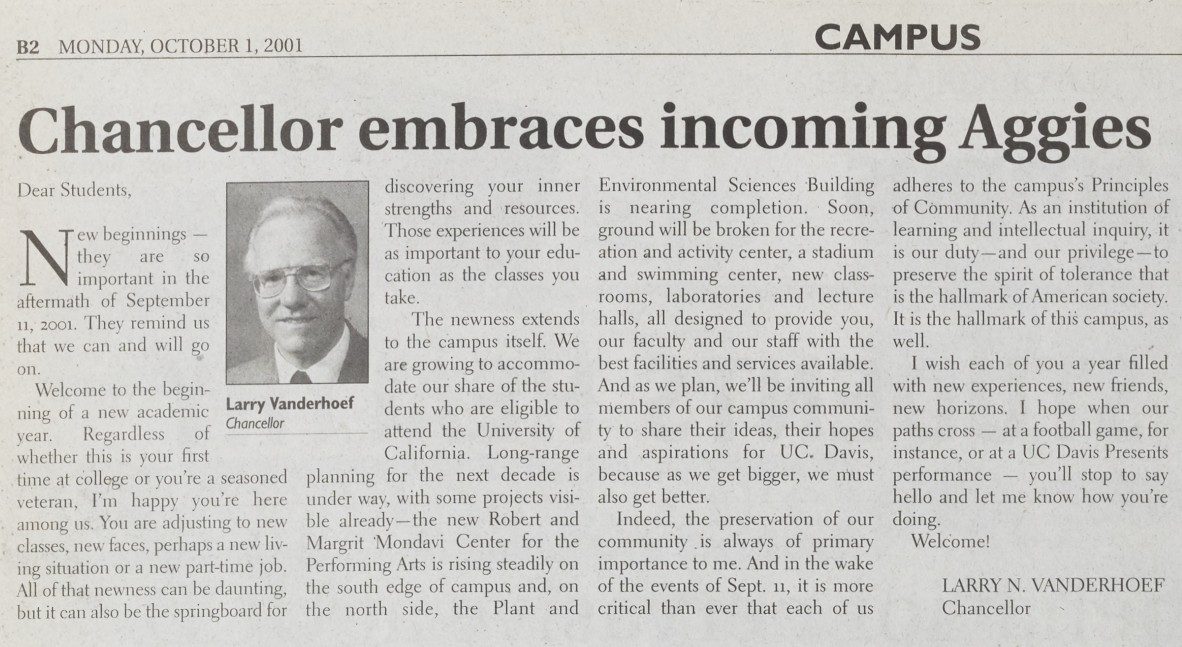Chancellor Vanderhoef's welcome to returning students published in The Aggie on October 1 2001