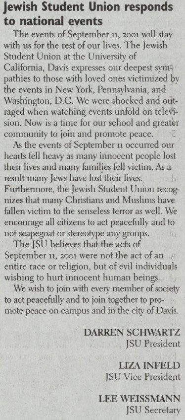 Story from The California Aggie with Jewish Student Union response to 9/11 attacks - published Oct 2 2001