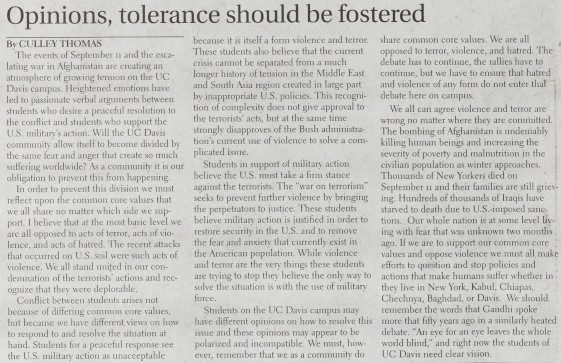 Article from The California Aggie on October 30, 2001 - Opinions, tolerance should be fostered