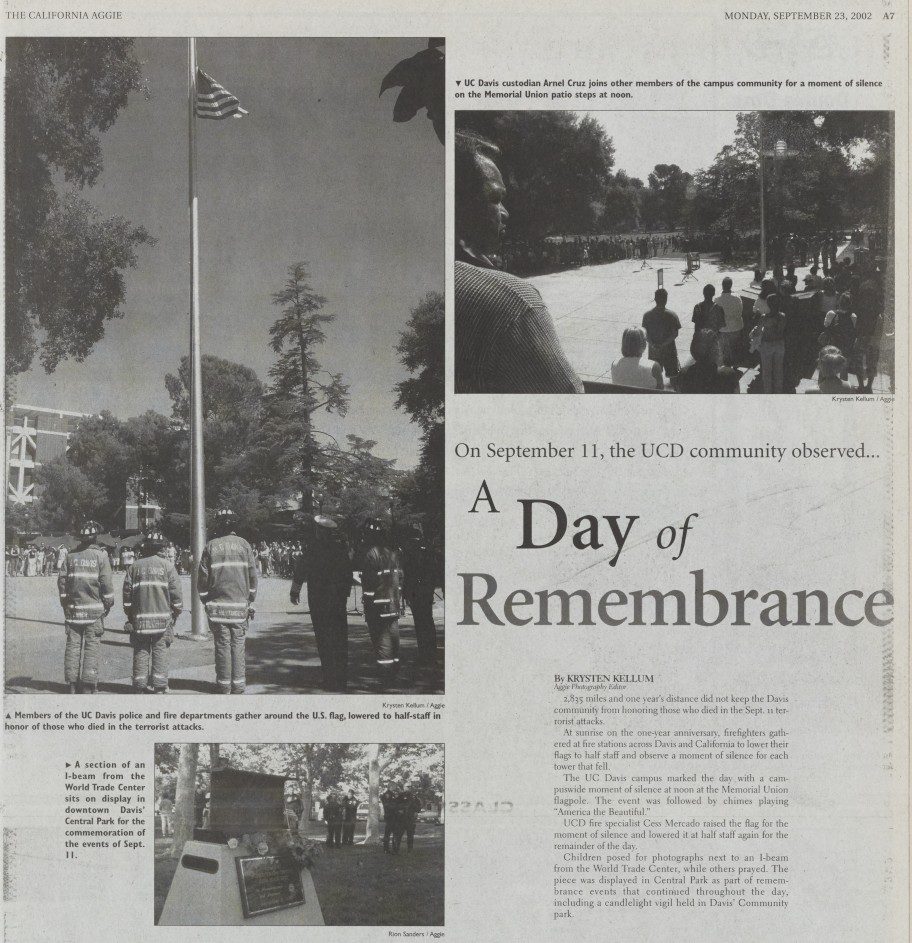 Photo montage with the headline A Day of Remembrance published in the California Aggie commemorating the one-year anniversary of the 9/11 attacks