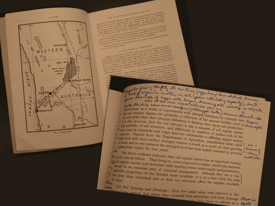 Harold Olmo's handwritten notes in the margins of his copy of "Soils of the Swan Valley Vineyard Area, Western Australia"