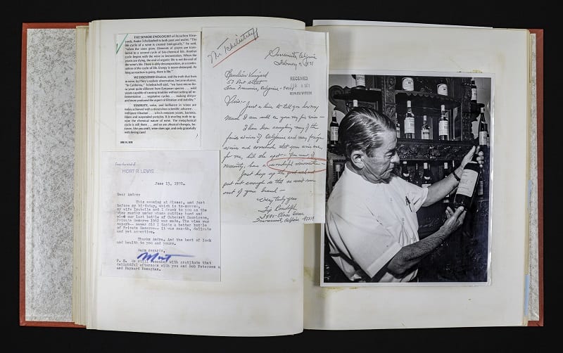 A page from a scrapbook of clippings about or related to Andre Tchelistcheff, compiled by Dorothy Tchelistcheff (Photo Credit: UC Davis Library/Archives and Special Collections)
