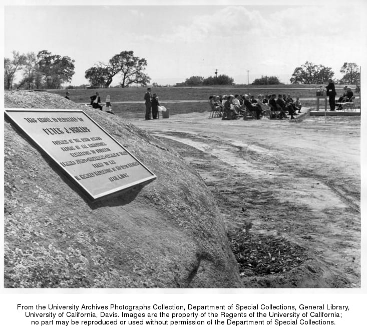 Dedication of the Carolee Shields Garden in the Arboretum, in the foreground is the the rock which holds the plaque marking the site of Shields Grove., 1965 May 4.
