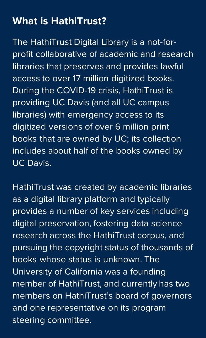Sidebar explaining that HathiTrust is a not-for-profit collaborative of academic and research libraries that preserves and provides lawful access to over 17 million digitized books.