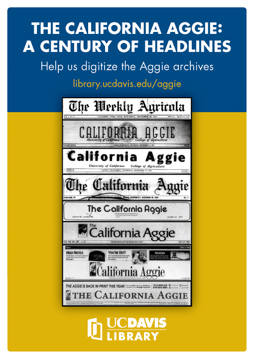 A poster from 2017 promoting the exhibit, "The California Aggie: A Century of Headlines"