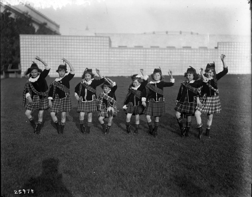 Eight girls performing a Scottish dance at the Panama-Pacific International Exposition, 1915.