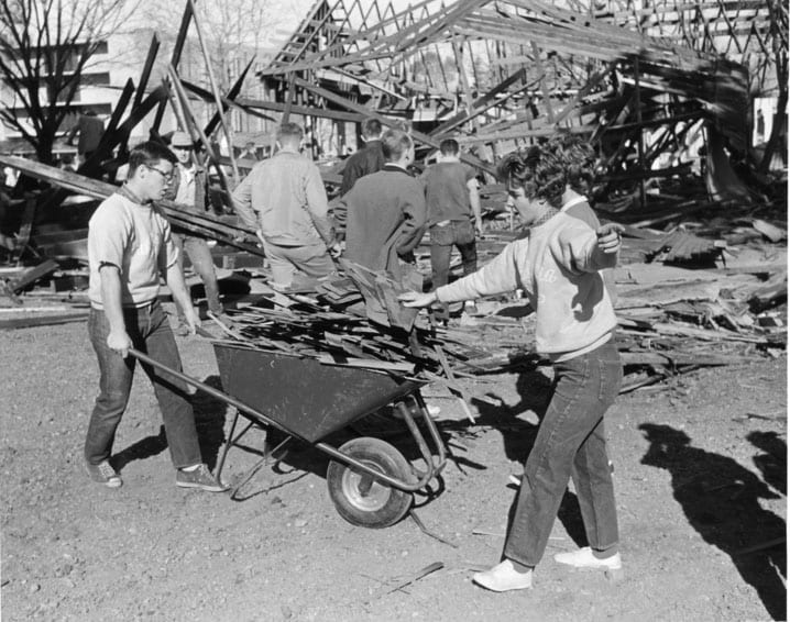  Labor Day, February 29, 1956. For this Labor Day, Aggies painted the Rec Hall, tore down the garage east of the Home Economics building to make way for a new parking lot, and repaired and constructed Picnic Day booths.