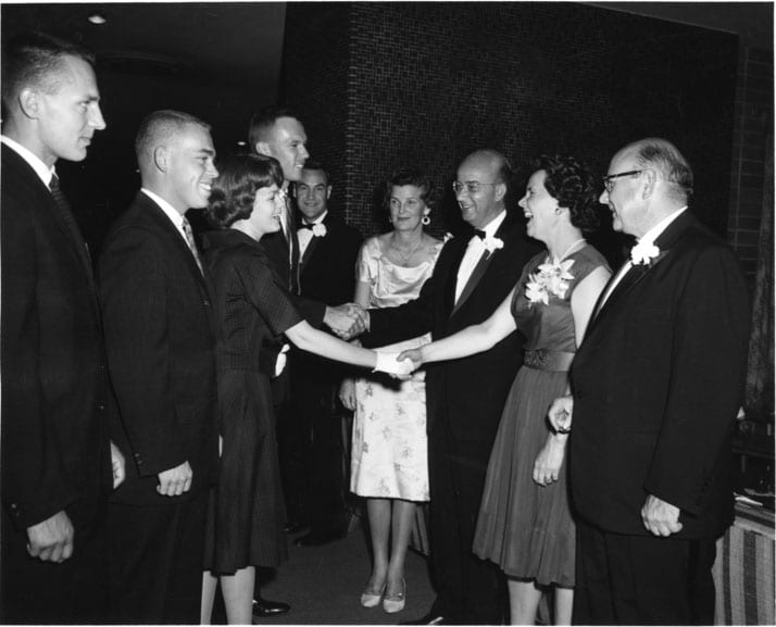 President’s Reception, at the opening social event of the year, the President’s Reception for students, are (from right) Chancellor Emil Mrak and Vera Mrak, President Clark Kerr and Catherine Kerr, and Acting Vice Chancellor Vernon I. Cheadle, October 2, 1961.