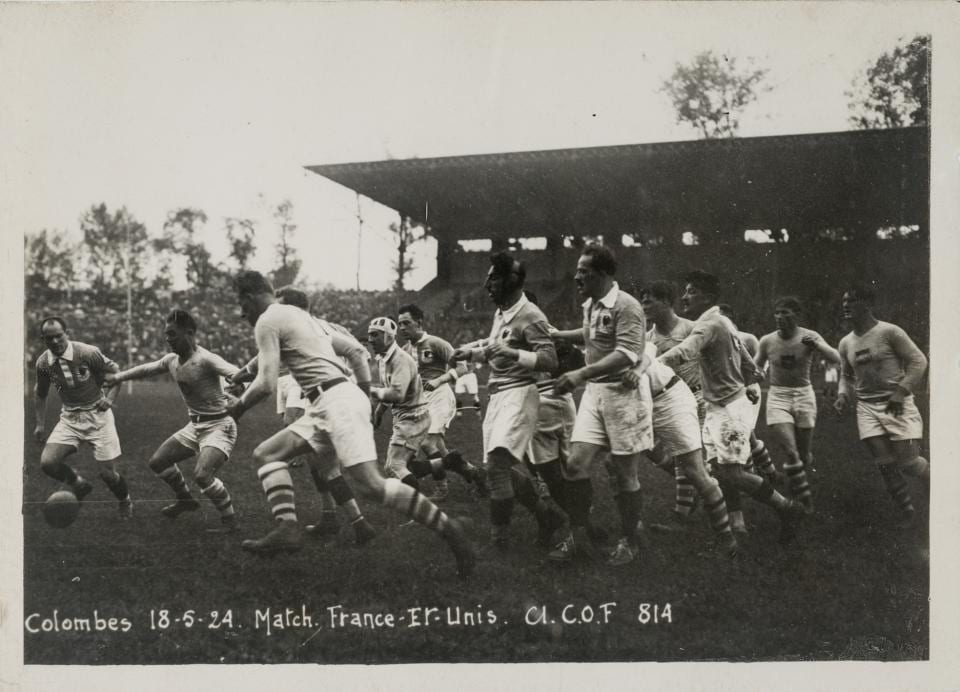 Colby E. “Babe” Slater, third from left, plays in the gold medal rugby match at the 1924 Olympics.