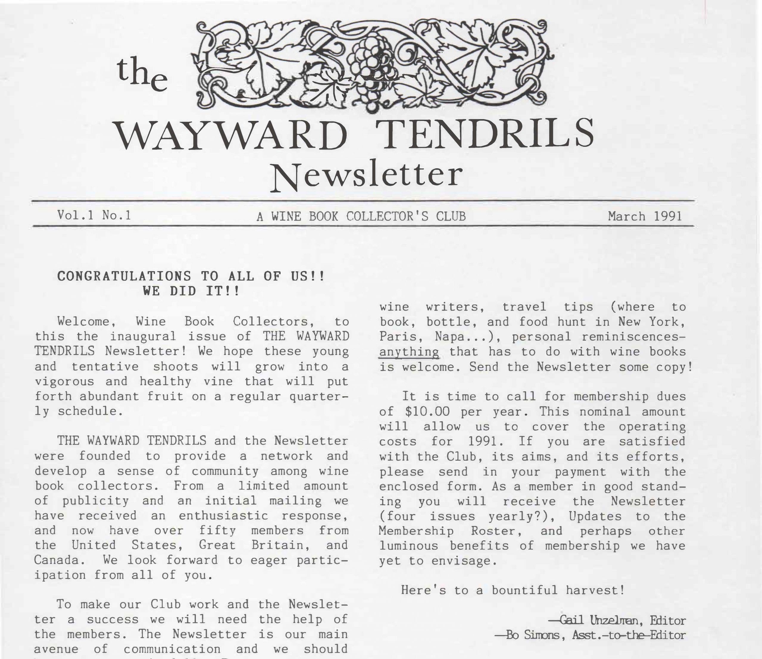 The first Wayward Tendrils Newsletter, March 1991