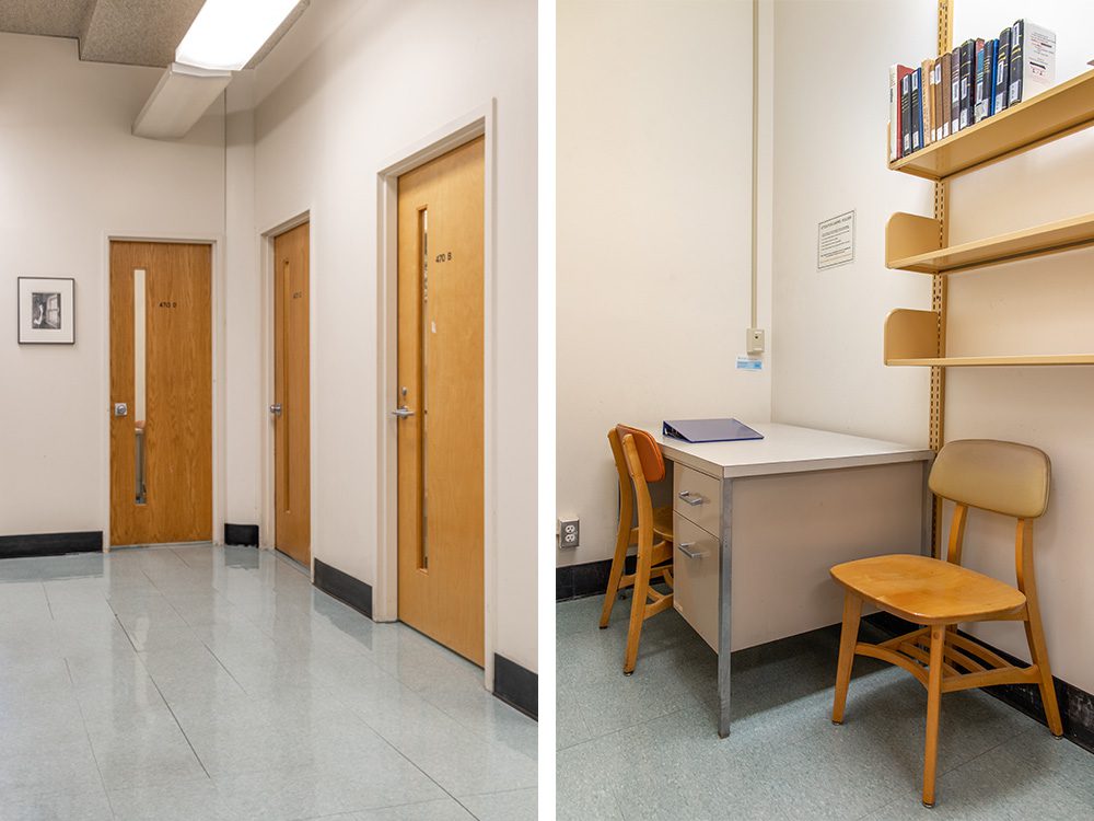 a study room with desk, chair and shelf for books