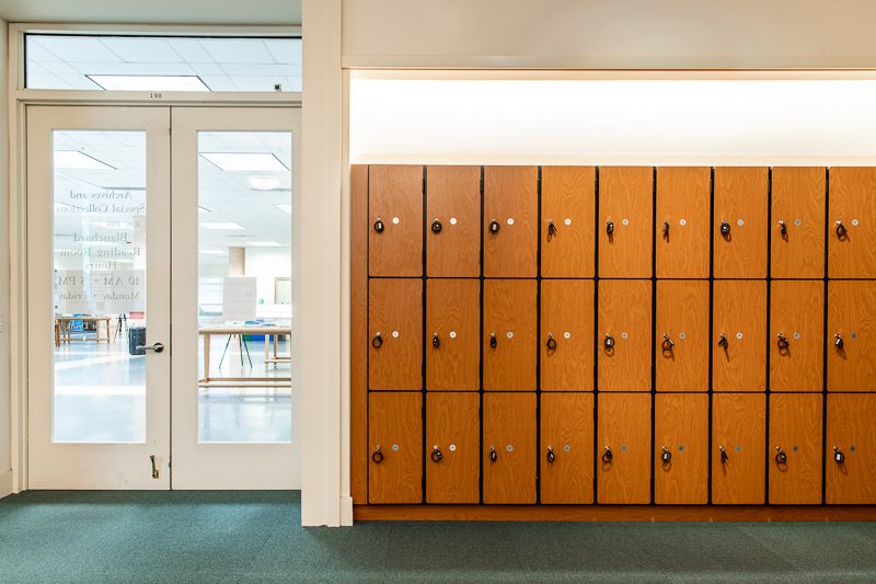 Lockers and the front door in the Reading Room