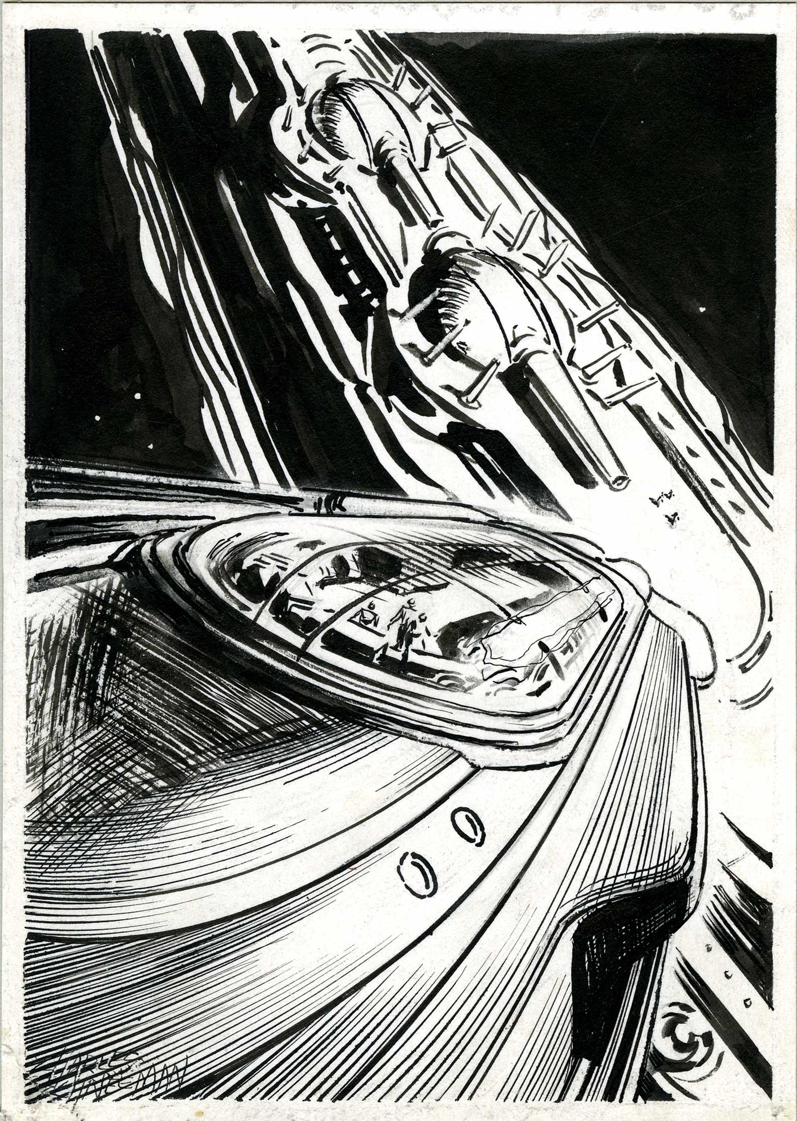 black and white illustration of sci-fi galactic battle scene