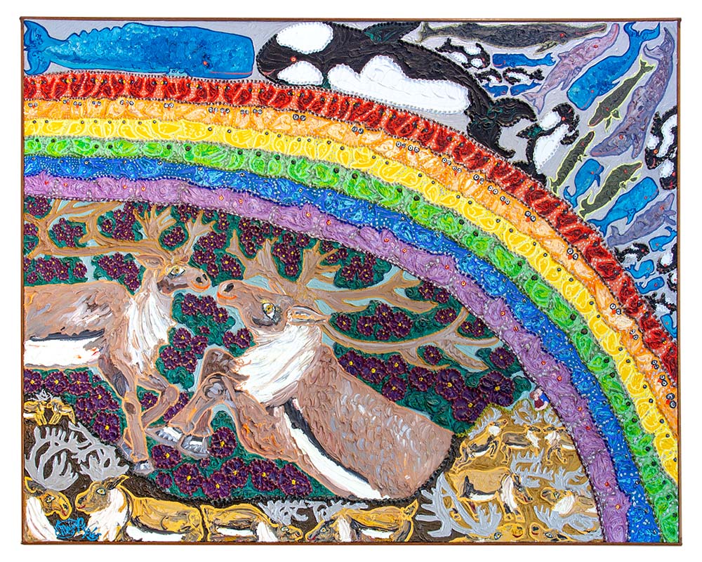 Rainbow surrounded by a variety of animal depictions of primarily whales and deer