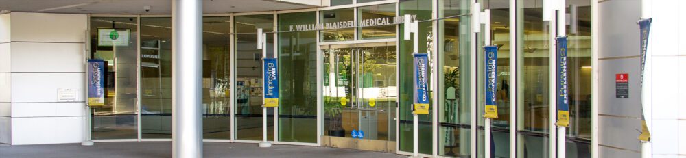 Front entrance of F. William Blaisdell Medical Library