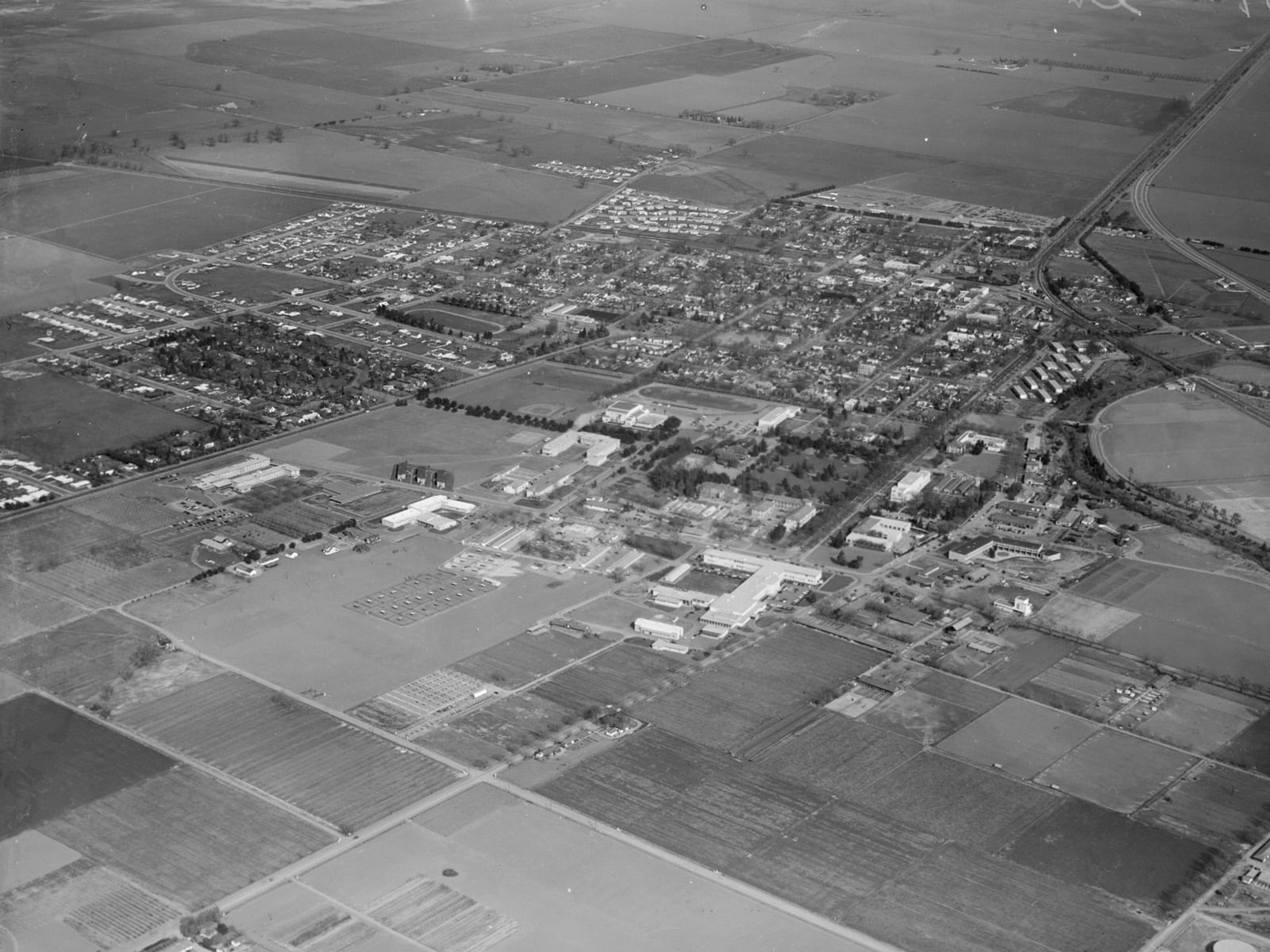Aerial view of Davis, looking east, 1953