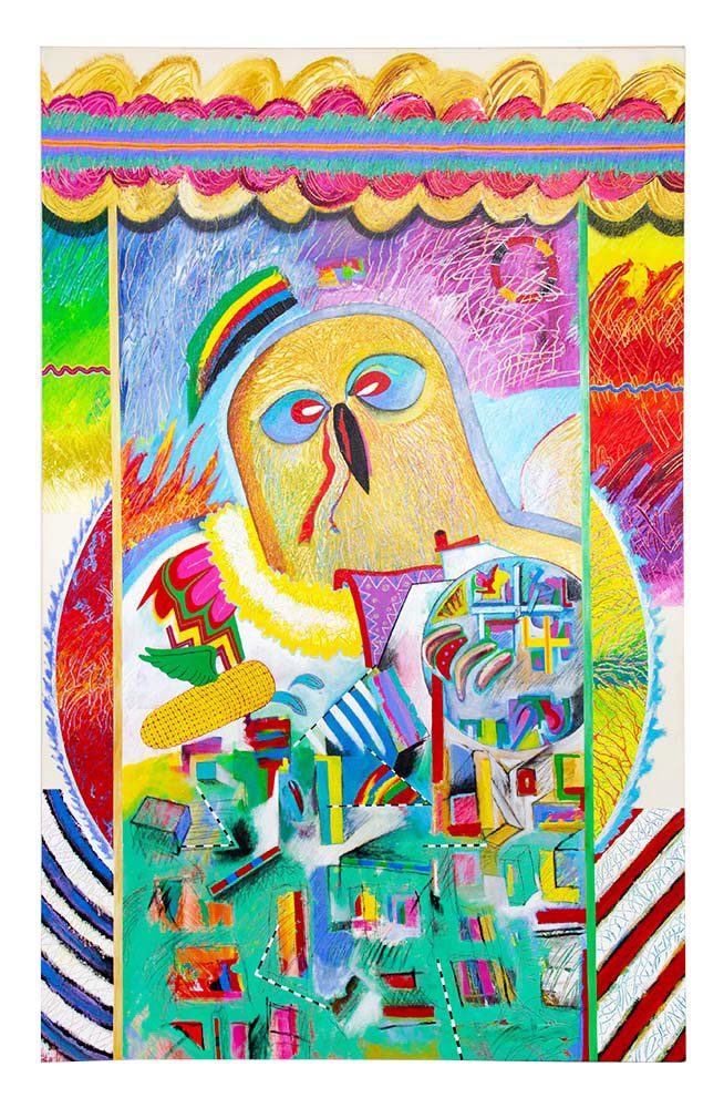 Colorful painting of large bird face surround by abstract shapes
