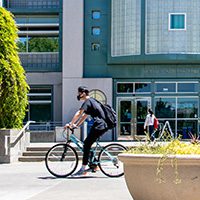 entrance to Shields Library with a bicyclist in foreground.