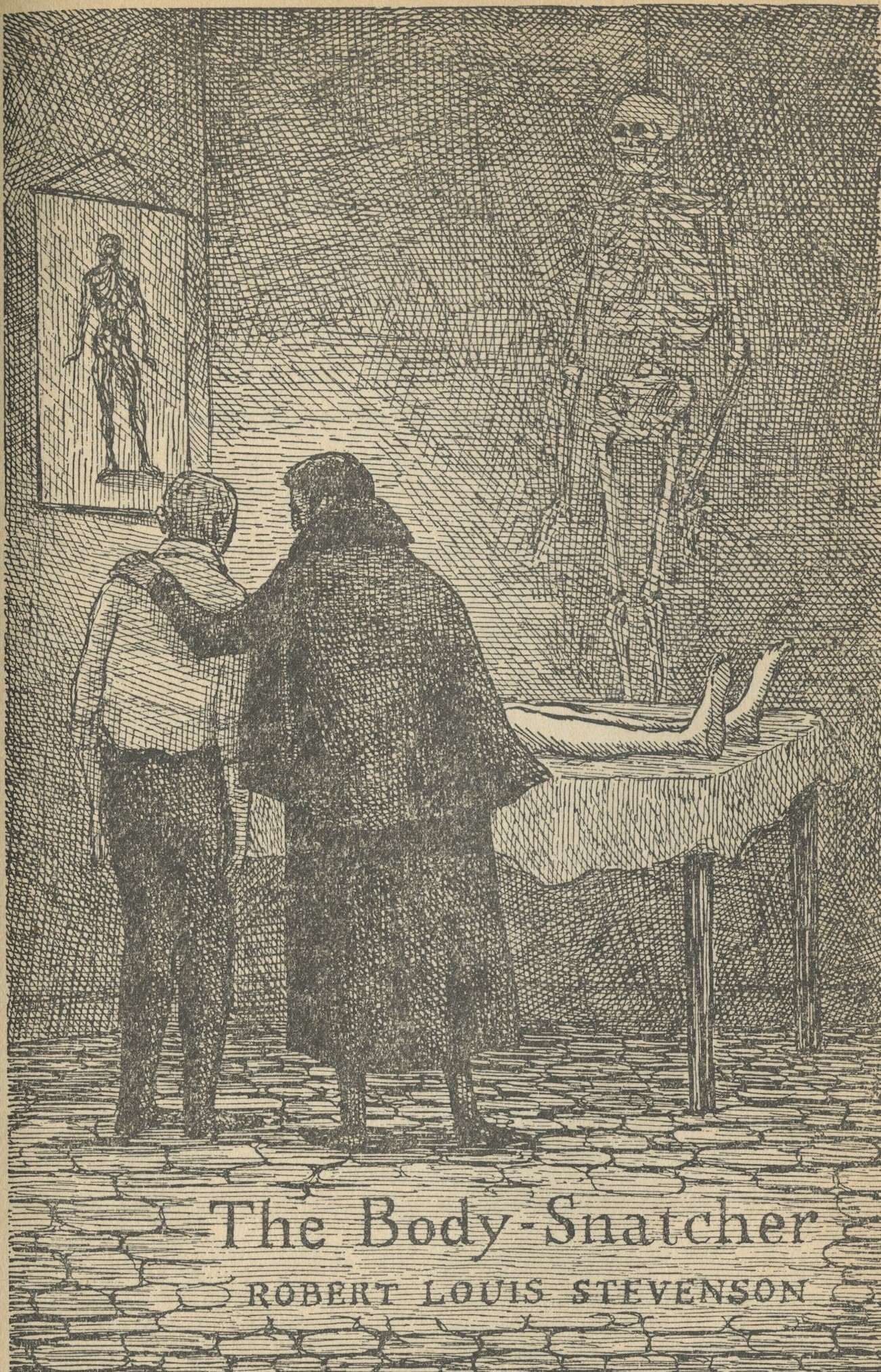 An illustration of two men standing over a body on an exam table. One man with a cape has his arm over the other man in comfort.