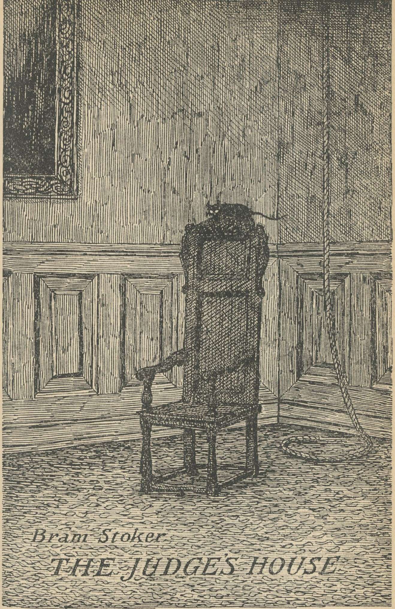 An illustration of a room with a chair, a black cat on the chair, and rope hanging from the ceiling behind the chair.