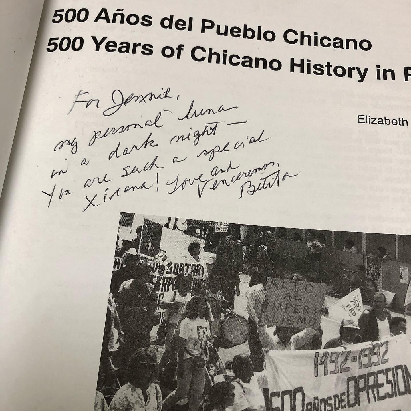 Betita Martinez's dedication, handwritten in Jennie Luna's copy of Betita's book 500 Anos del Pueblo Chicano