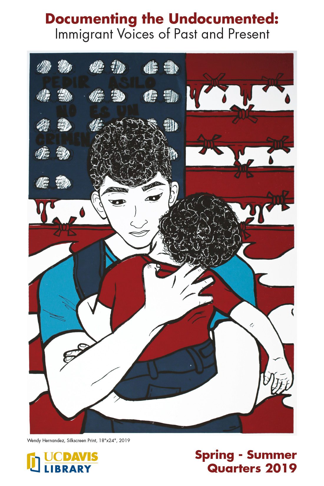 illustration of a man holding a child, with a barbed-wire lined American flag behind them