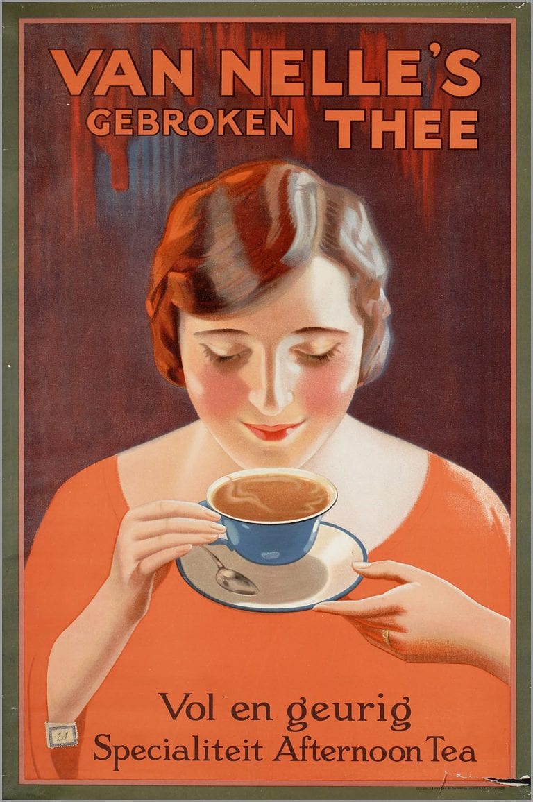 An illustrated ad for Van Nelle picturing a women drinking tea