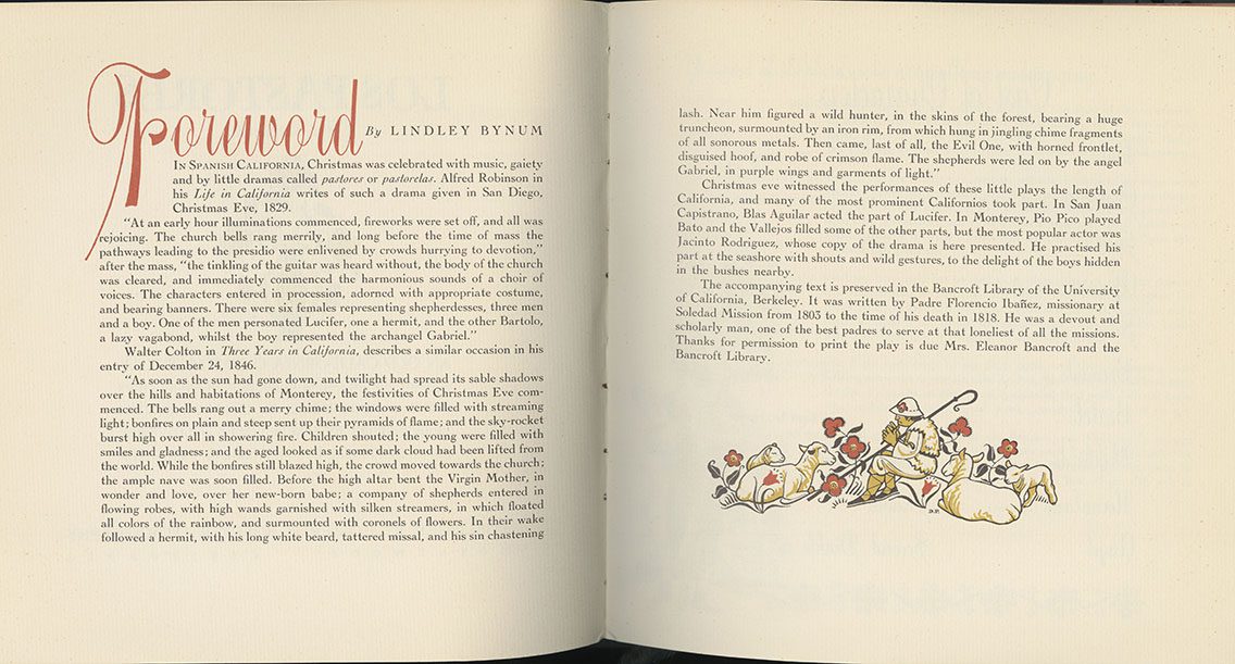 A two-page spread with the foreword of the play. At the bottom of the right page there is an illustration of a shepherd and his sheep.