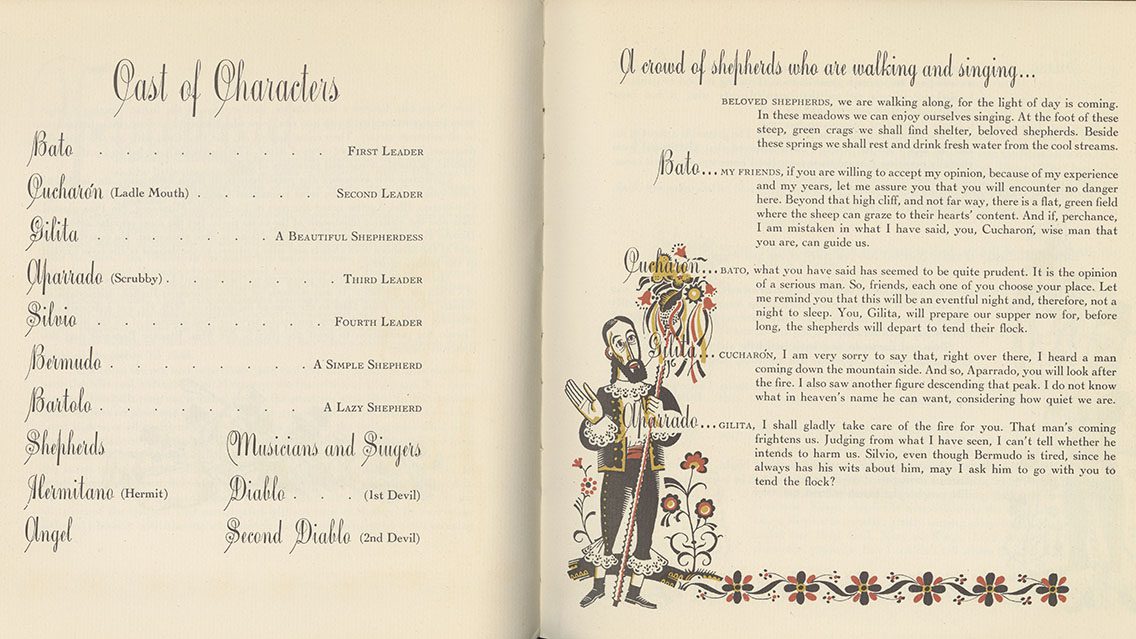 A two-page spread, character list on the left page. On the right page there is an illustration of a man in Old Spanish wear amidst the character lines.