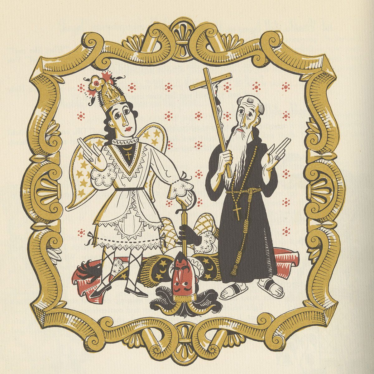 An illustration depicting an angel and a pastor defeating the devil.