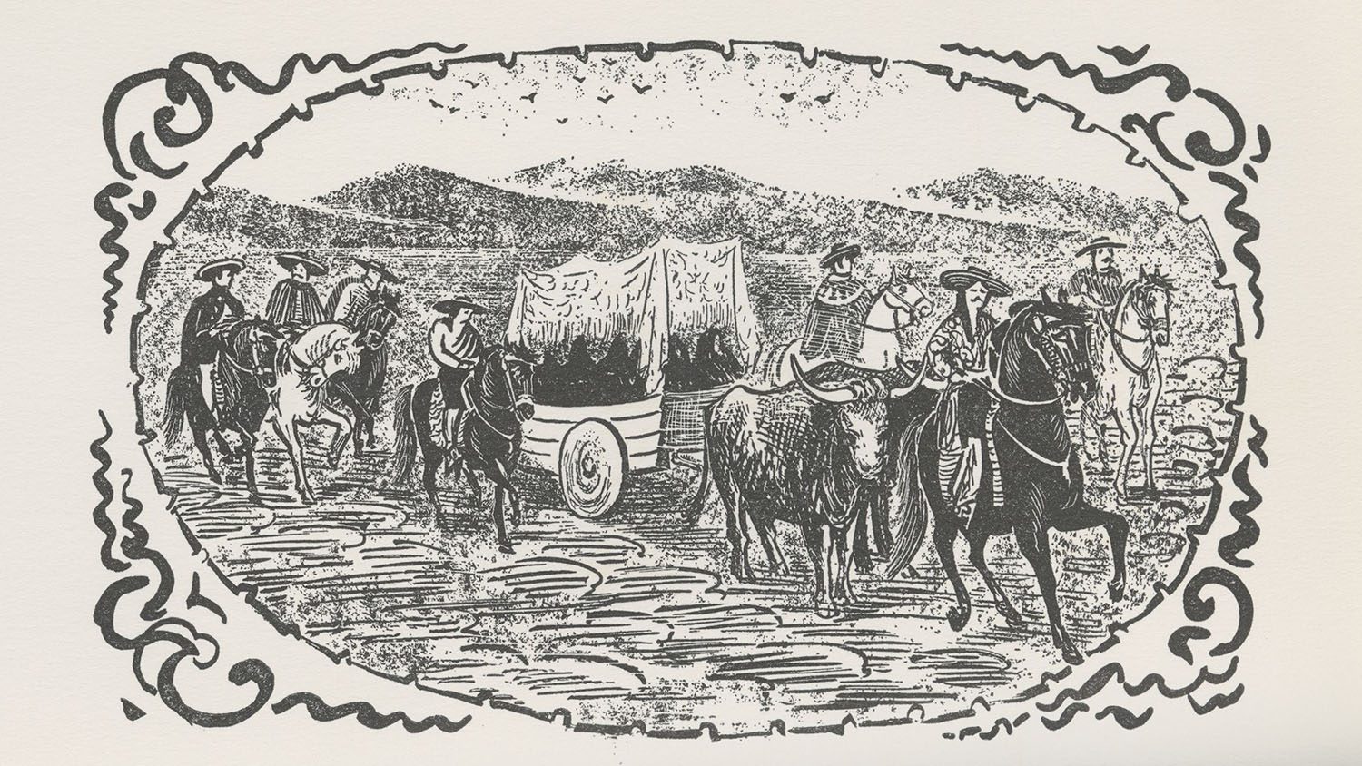 An illustration of various people on horses and some carriages.
