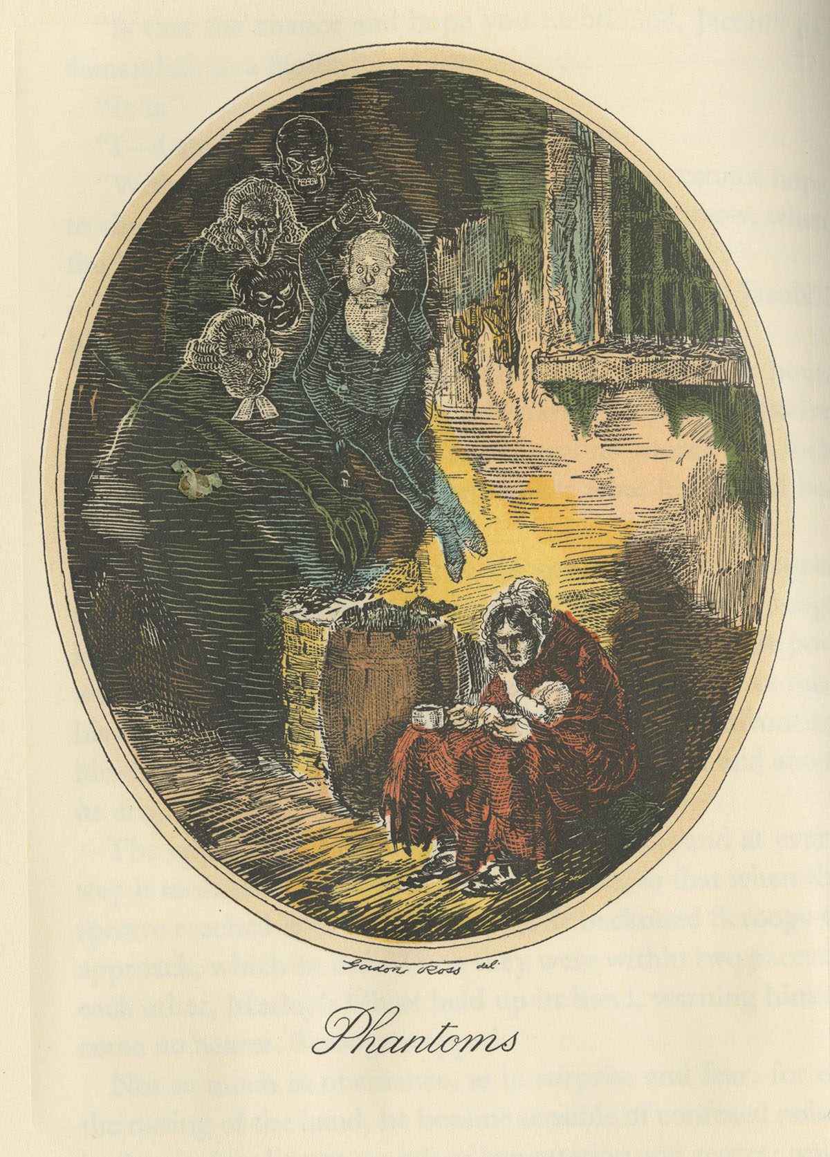 A woman on the floor surrounded by ghostly figures.