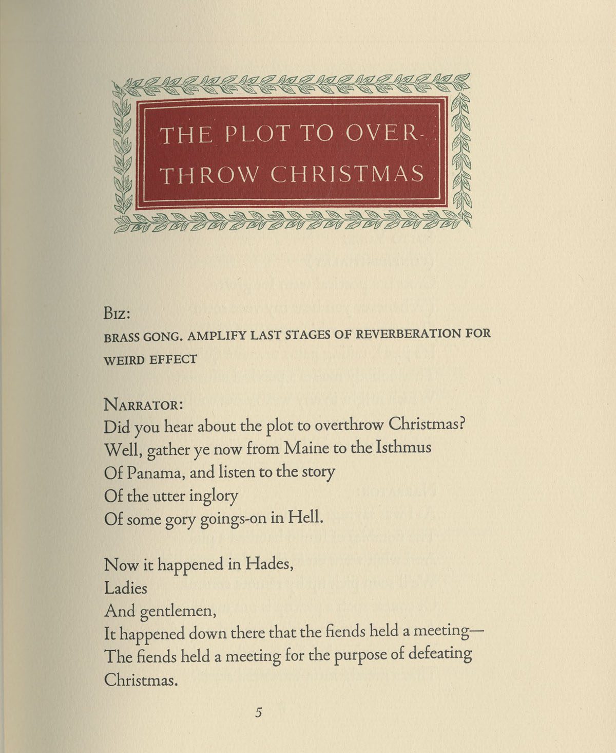 A scan of the first page of the play. The title is in white lettering with a red background and green vines decorate the border.