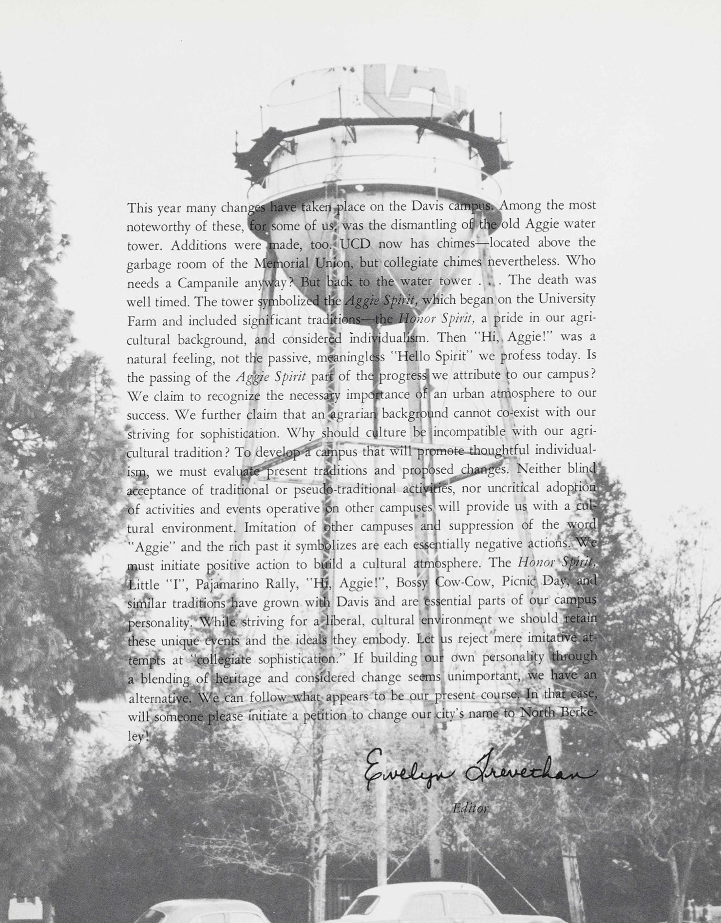 Page from a yearbook with a water tower being dismantled behind the text