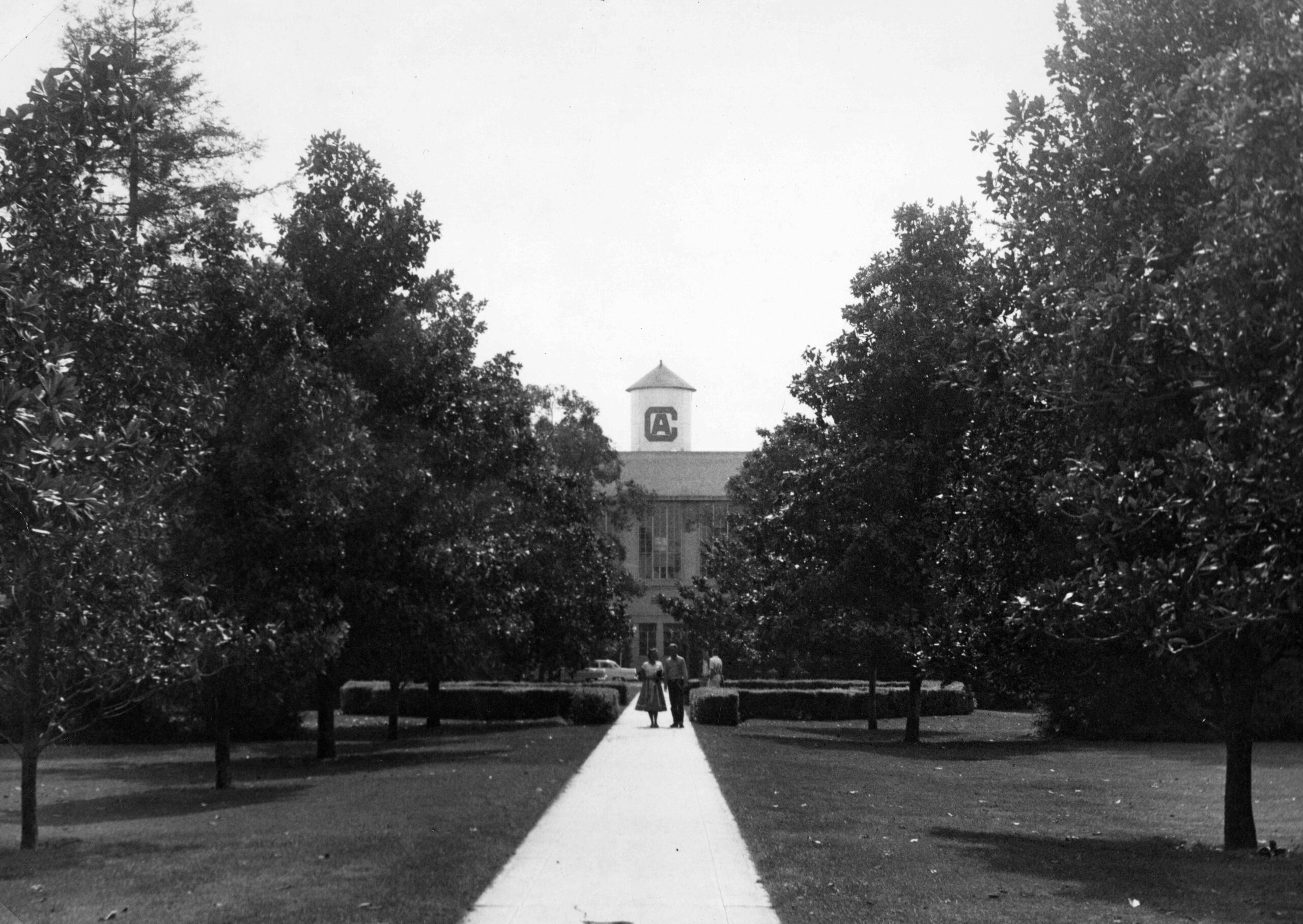 Two students walk down a path on the Quad and the water tower peeks over the library
