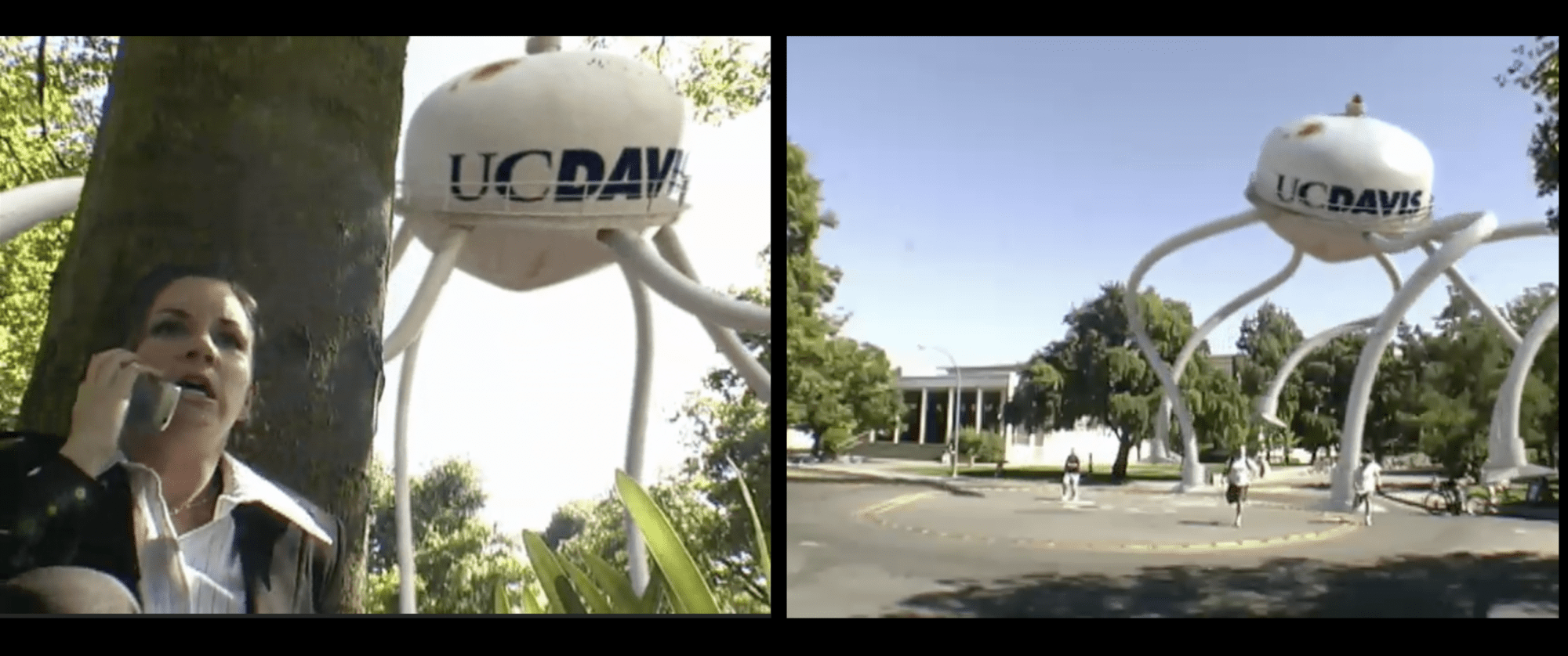 Two still images from student film featuring water towers