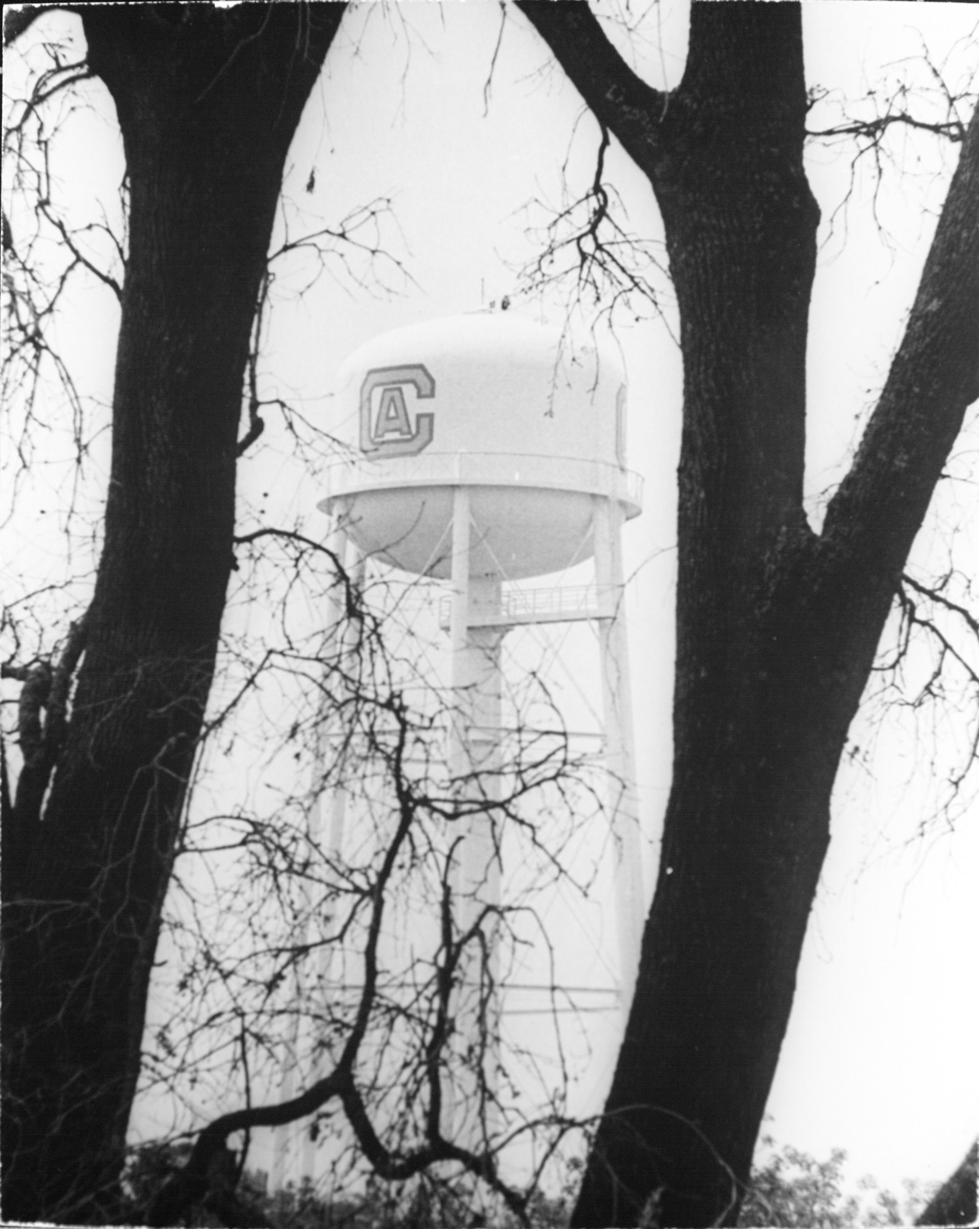 Photograph of water tower with CA painted on it viewed through trees