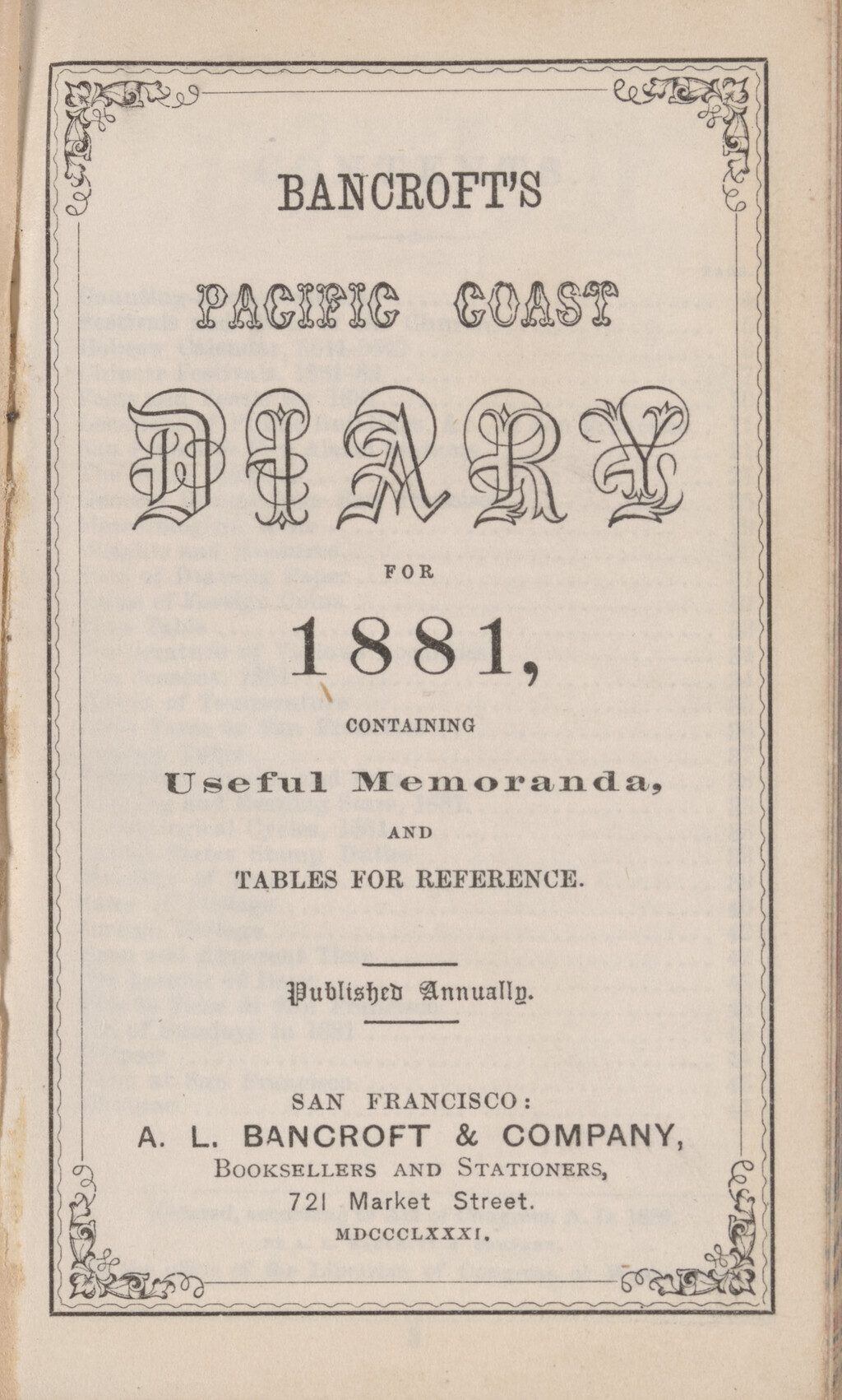 A scan of the first page of the Stockton Woman's Diary, which indicates publishing information from Bancroft's Pacific Coast.