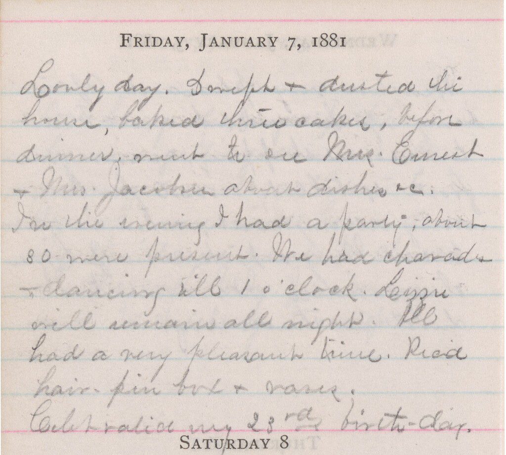 A diary entry written in cursive for Friday, January 7, 1881. Documents the events of a birthday.