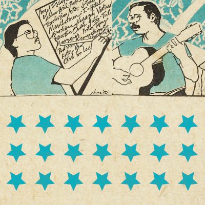 Newsprint illustration in black and light blue of pepole with arms raised in protest, framed by blue stars