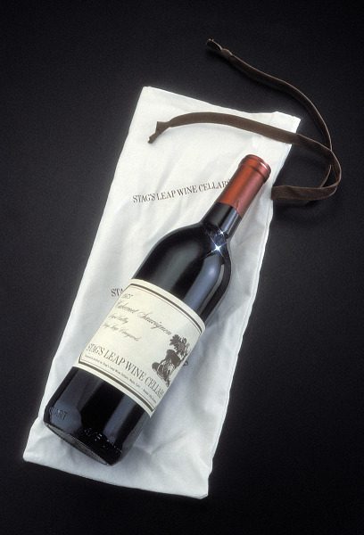 Wine bottle bearing the label 1973 Stag's Leap Wine Cellars Cabernet Sauvignon