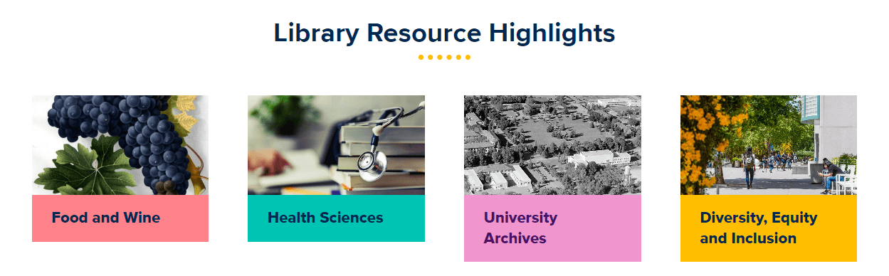 Screenshot showing Library Resource Highlights for Food and Wine, Health Sciences, University Archives, and Diversity, Equity and Inclusion